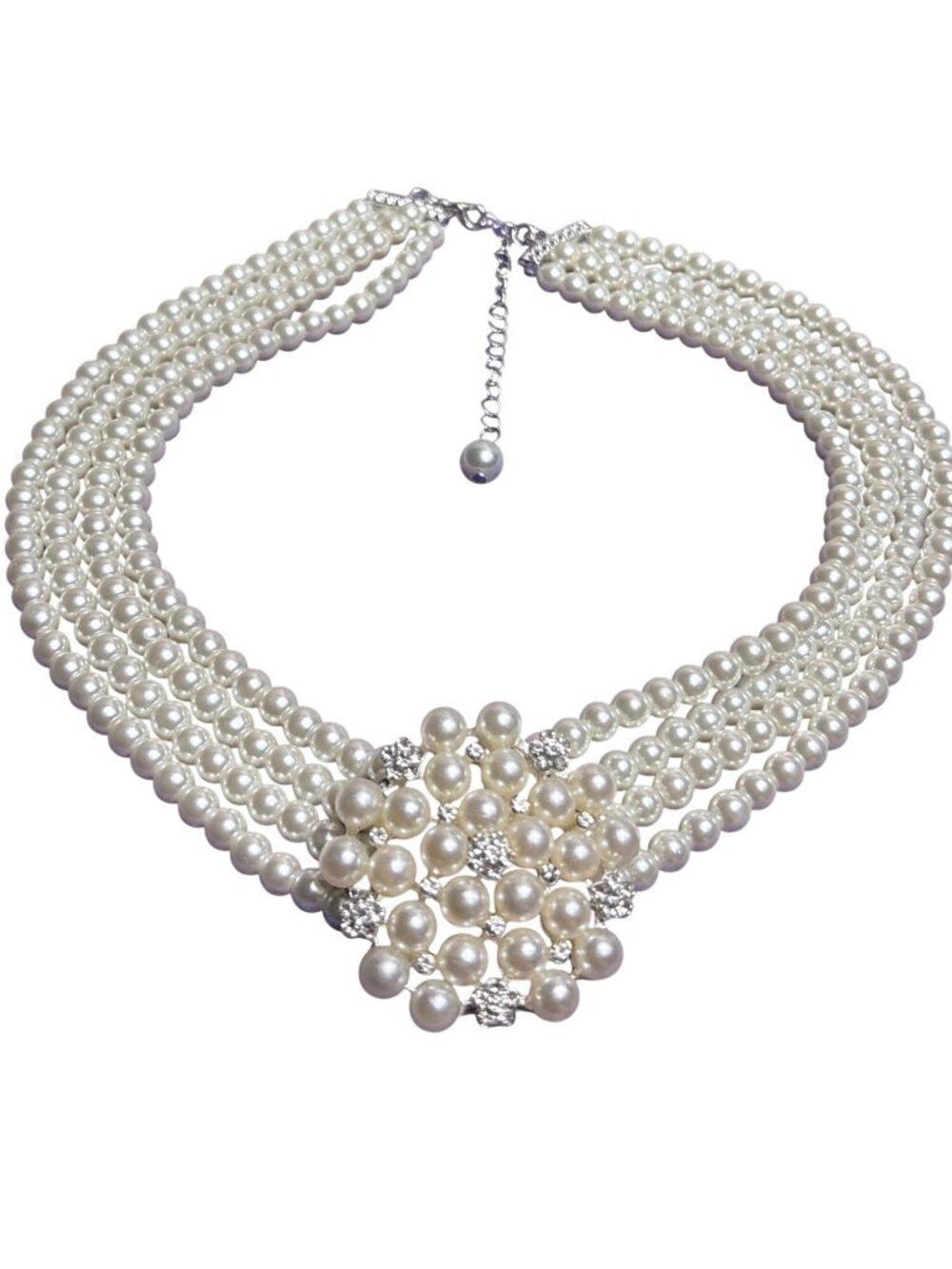 Multi Strand Glass Faux Pearl Beaded Necklace Clear Rhinestone Floral 15-18 inch